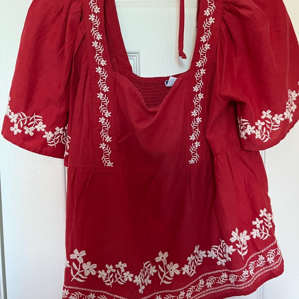 Old Navy Red Embroidered Blouse Relaxed Fit